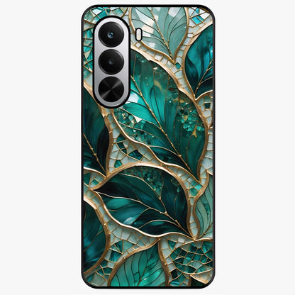 Emerald Leaf Glass Glass Case showing flat back view with emerald green leaf artwork and glossy glass finish.