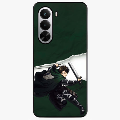 Emerald War Vanguard Glass Case showing flat back view with powerful warrior themed artwork and glossy glass finish.