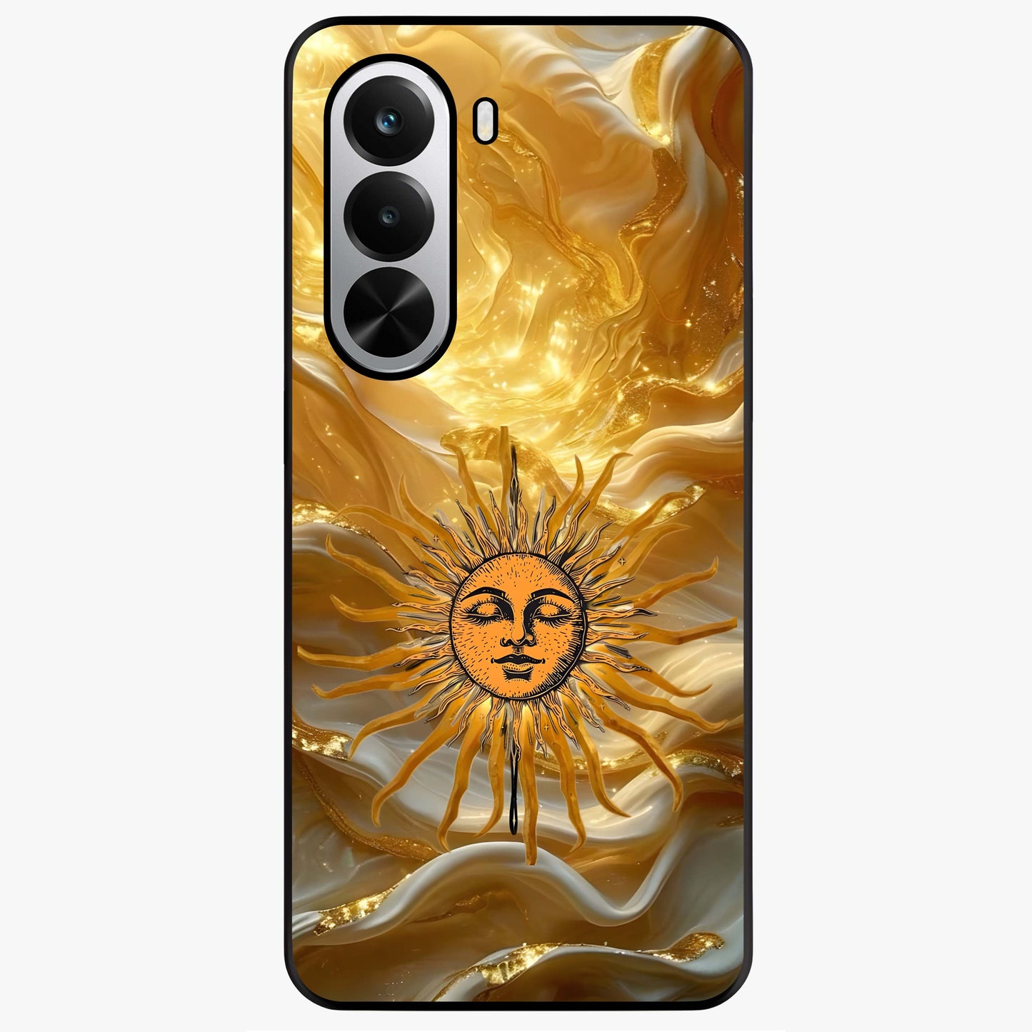 Eternal Golden Glow Glass Case showing flat back view with radiant golden themed artwork and glossy glass finish.