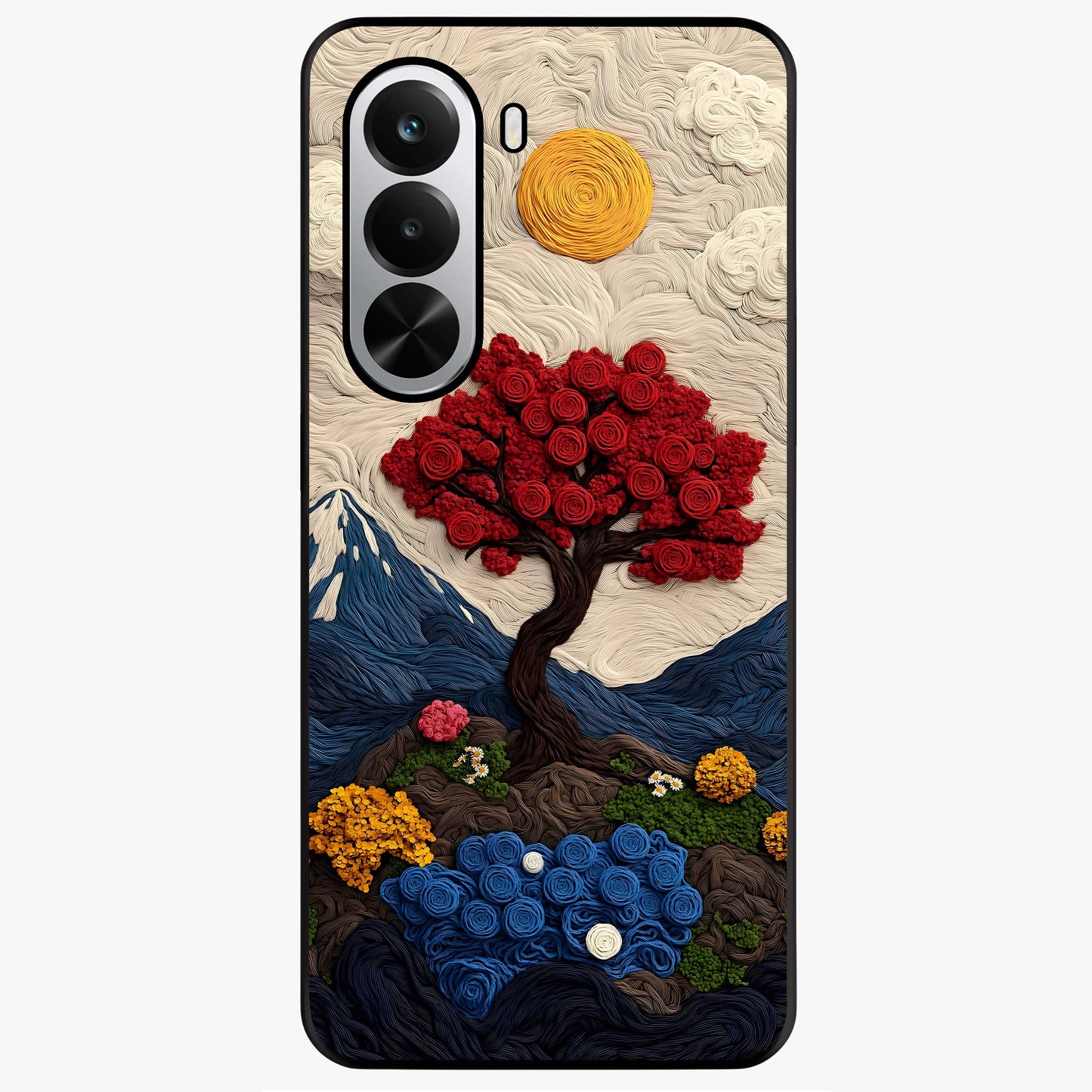 Eternal Nature Tapestry Glass Case showing flat back view with intricate nature tapestry artwork and glossy glass finish.