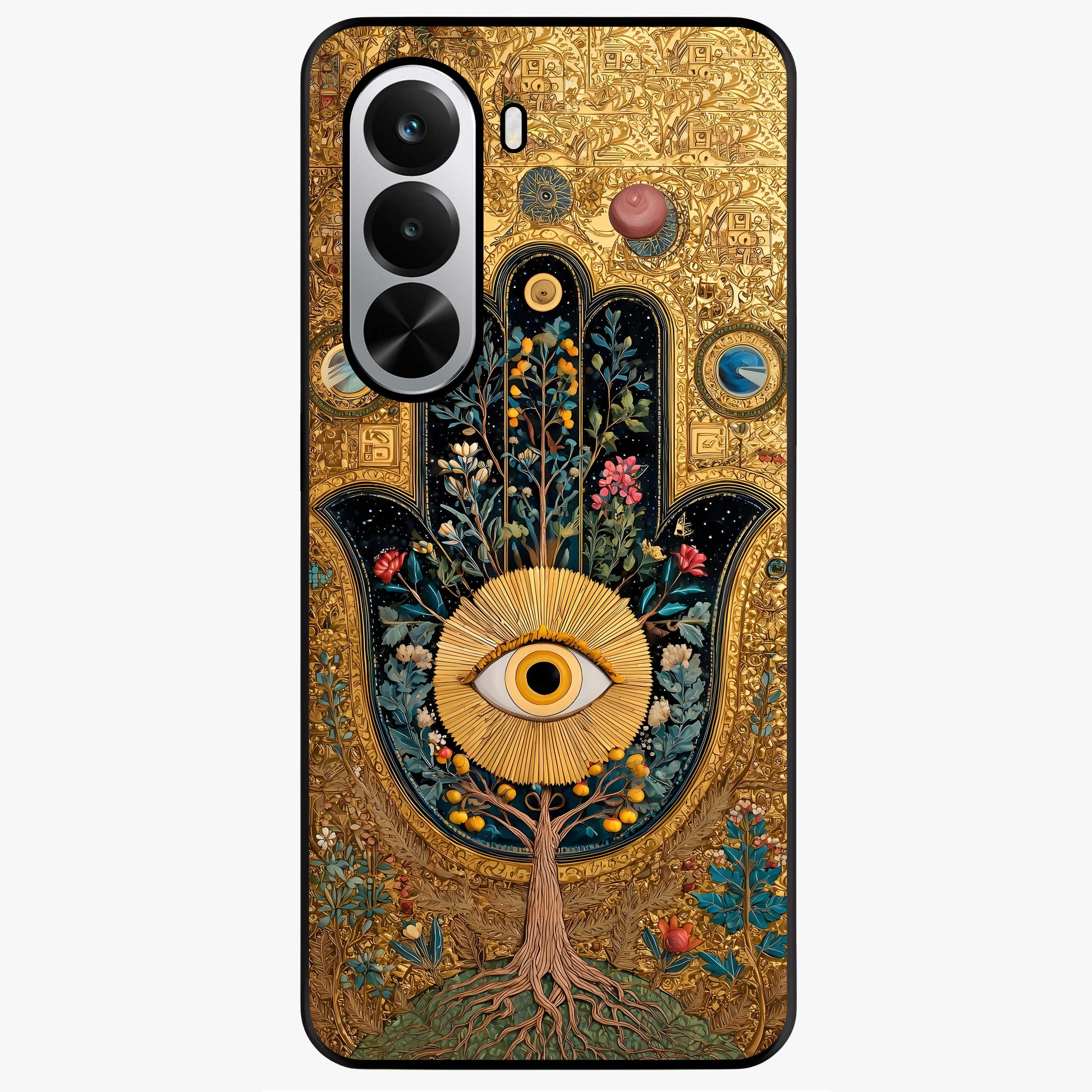 Ethereal Evil Eye Glass Case showing flat back view with mystical evil eye artwork and glossy glass finish.