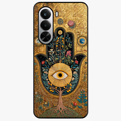 Ethereal Evil Eye Glass Case showing flat back view with mystical evil eye artwork and glossy glass finish.