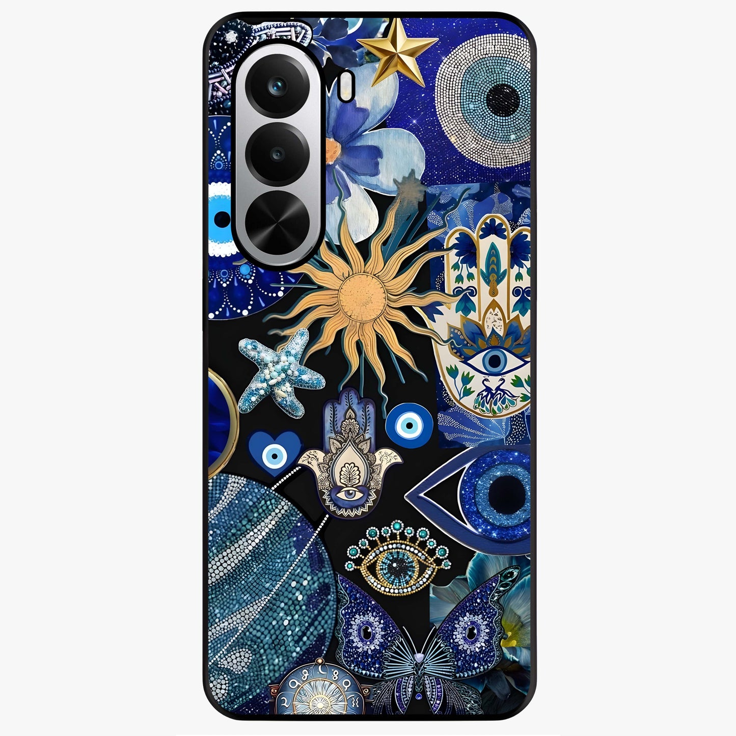Evil Eye Charm Mix Glass Case showing flat back view with multiple evil eye charms artwork and glossy glass finish.