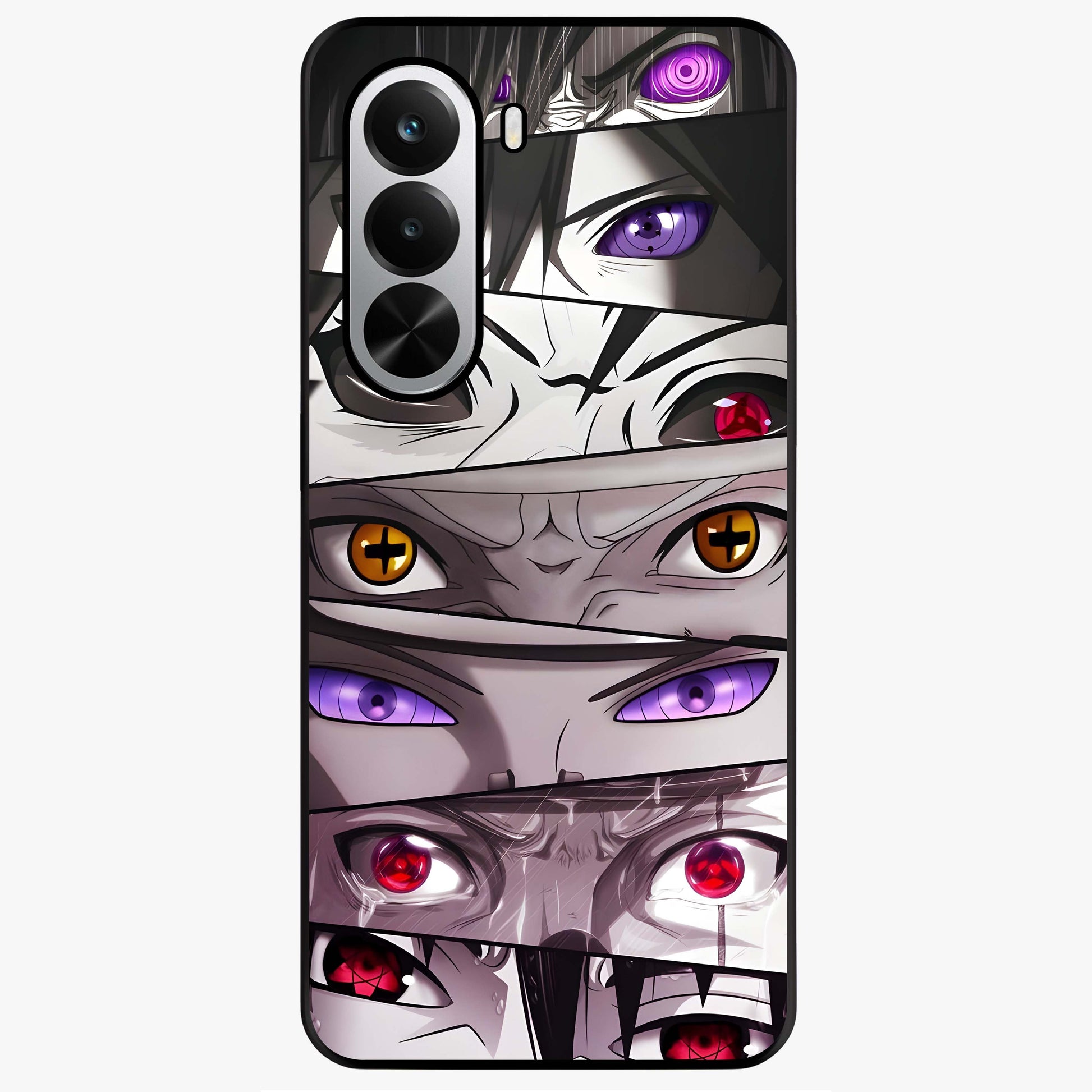 Eyes of Destiny Glass Case showing flat back view with striking eye themed artwork and glossy glass finish.