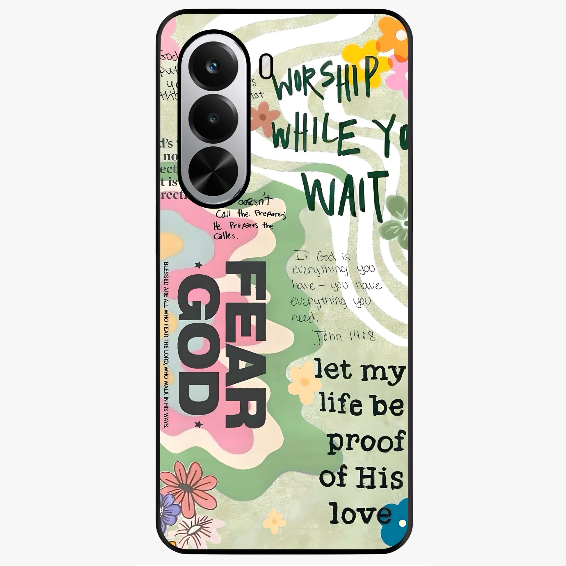 Faith Over Fear Glass Case showing flat back view with motivational typography artwork and glossy glass finish.