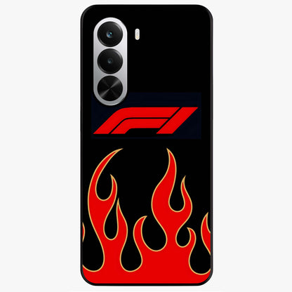 Fire F11 Glass Case showing flat back view with fiery themed artwork and glossy glass finish.