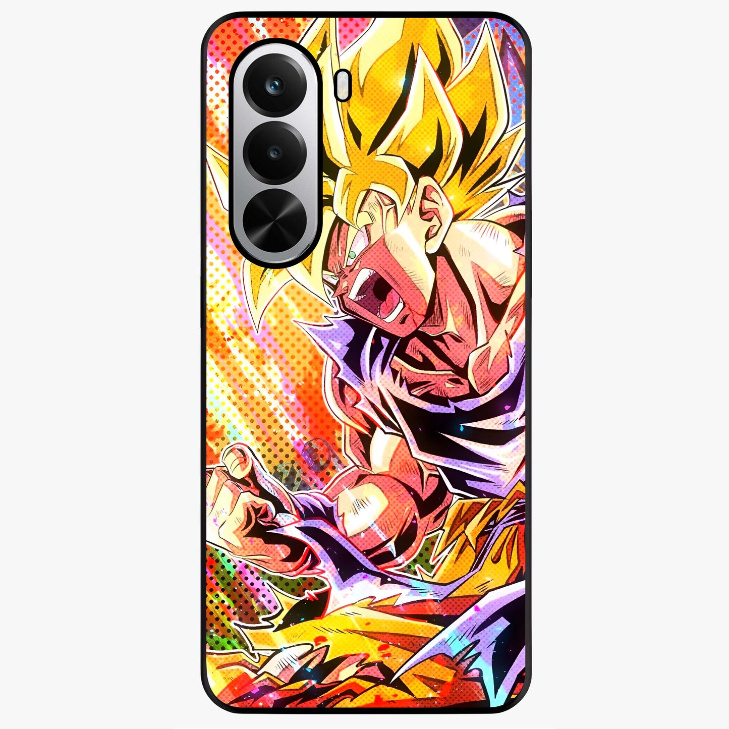 Firing Goku Glass Case showing flat back view with powerful anime inspired artwork and glossy glass finish.