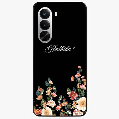 Floral Design With a Custom Personalized Name Glass Case showing flat back view with floral artwork and personalized name design.