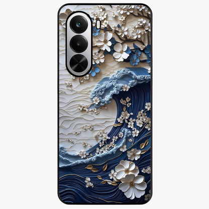 Floral Wave Origami Glass Case showing flat back view with origami inspired floral wave artwork and glossy glass finish.