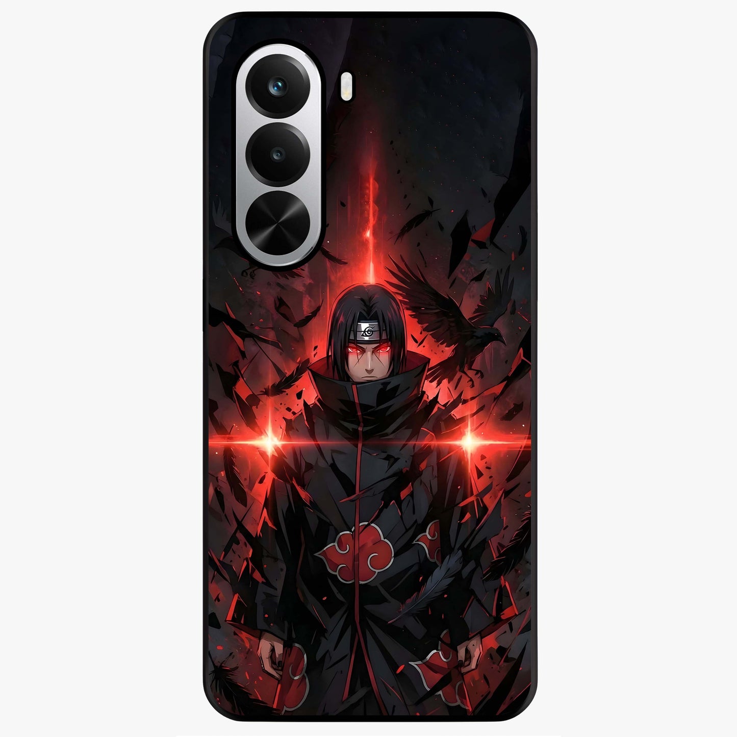 Focused Blade Discipline Glass Case showing flat back view with warrior sword themed artwork and glossy glass finish.