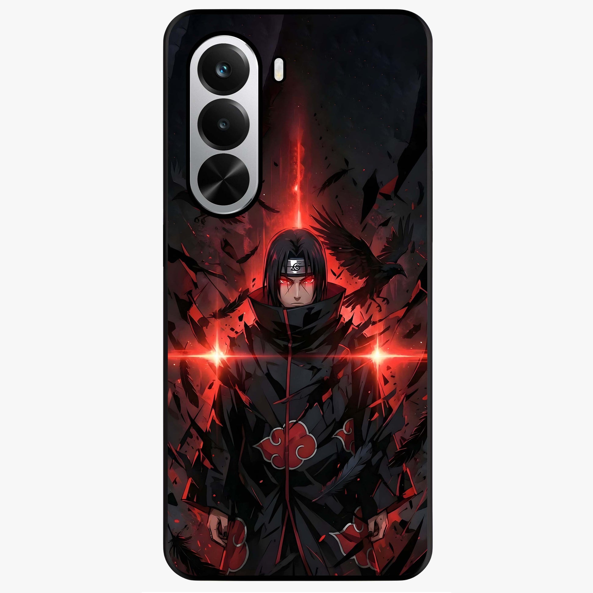 Focused Blade Discipline Glass Case showing flat back view with warrior sword themed artwork and glossy glass finish.