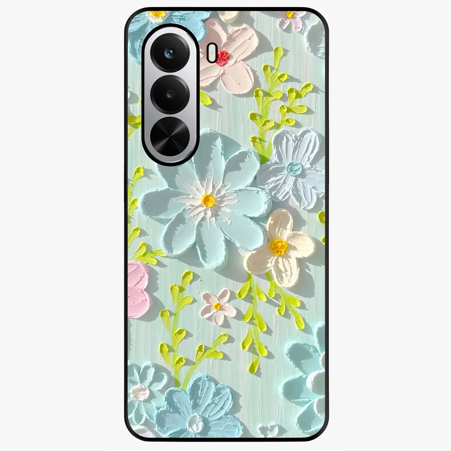 Frosted Petal Garden Glass Case showing flat back view with soft frosted floral artwork and glossy glass finish.