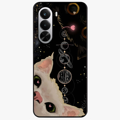 Galactic Cat Glass Case showing flat back view with cosmic cat artwork and glossy glass finish.