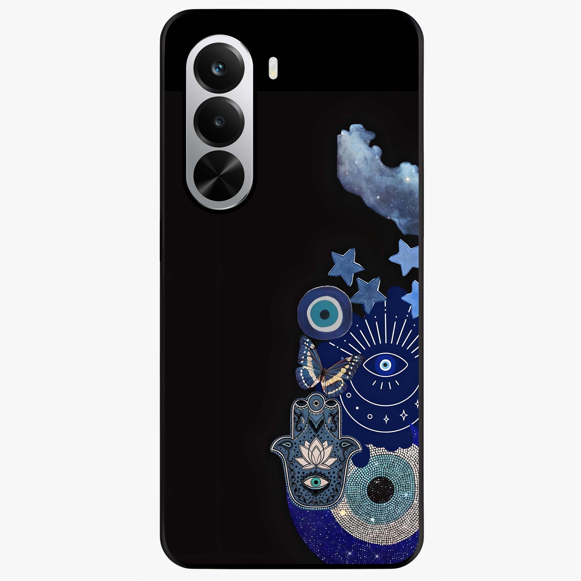 Galactic Charm Cluster Glass Case showing flat back view with glowing celestial charm artwork and glossy glass finish.