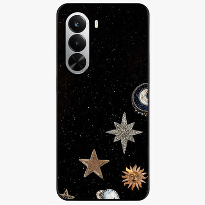Galactic Charm Glow Glass Case showing flat back view with glowing celestial charm artwork and glossy glass finish.