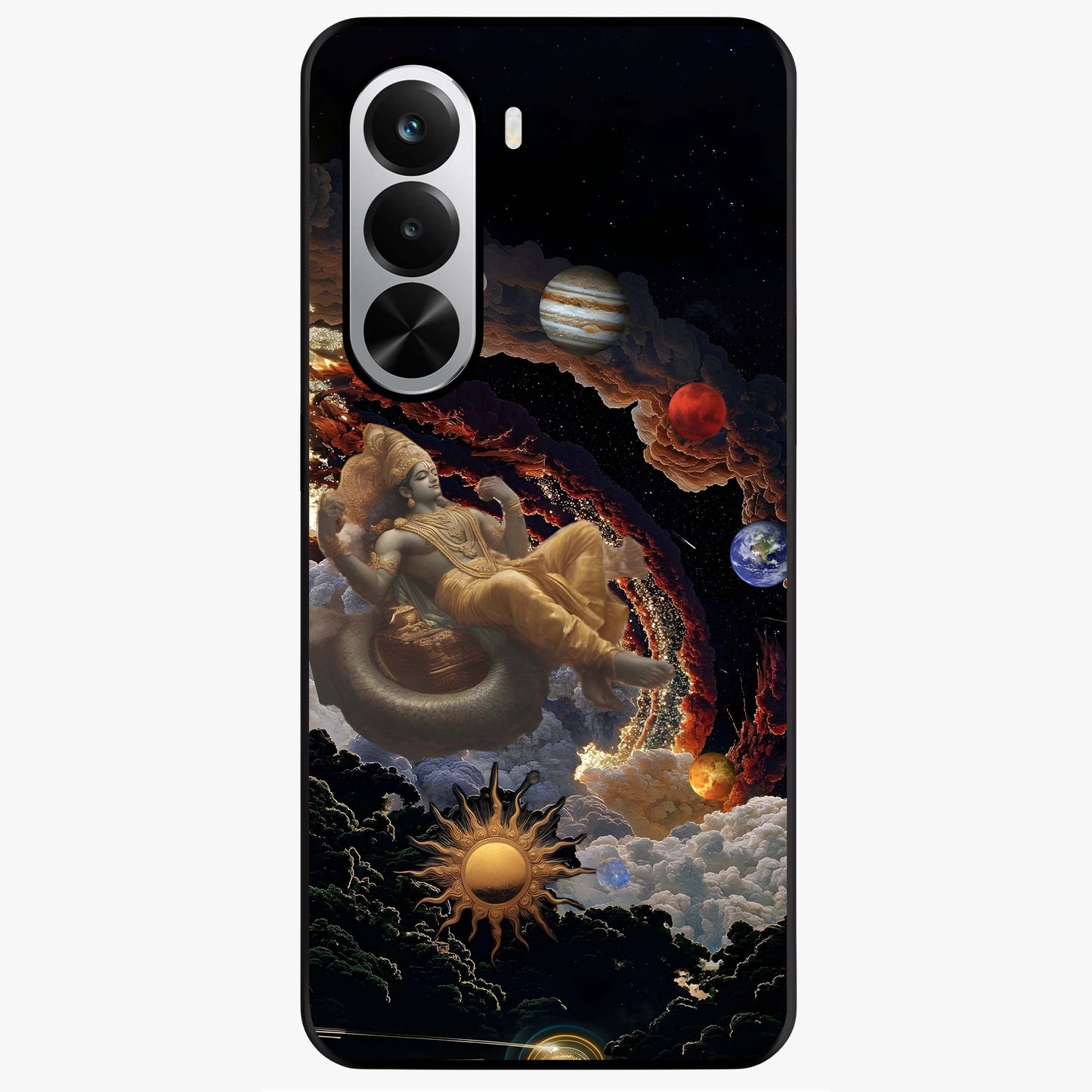 Galactic Divine God Glass Case showing flat back view with divine cosmic themed artwork and glossy glass finish.