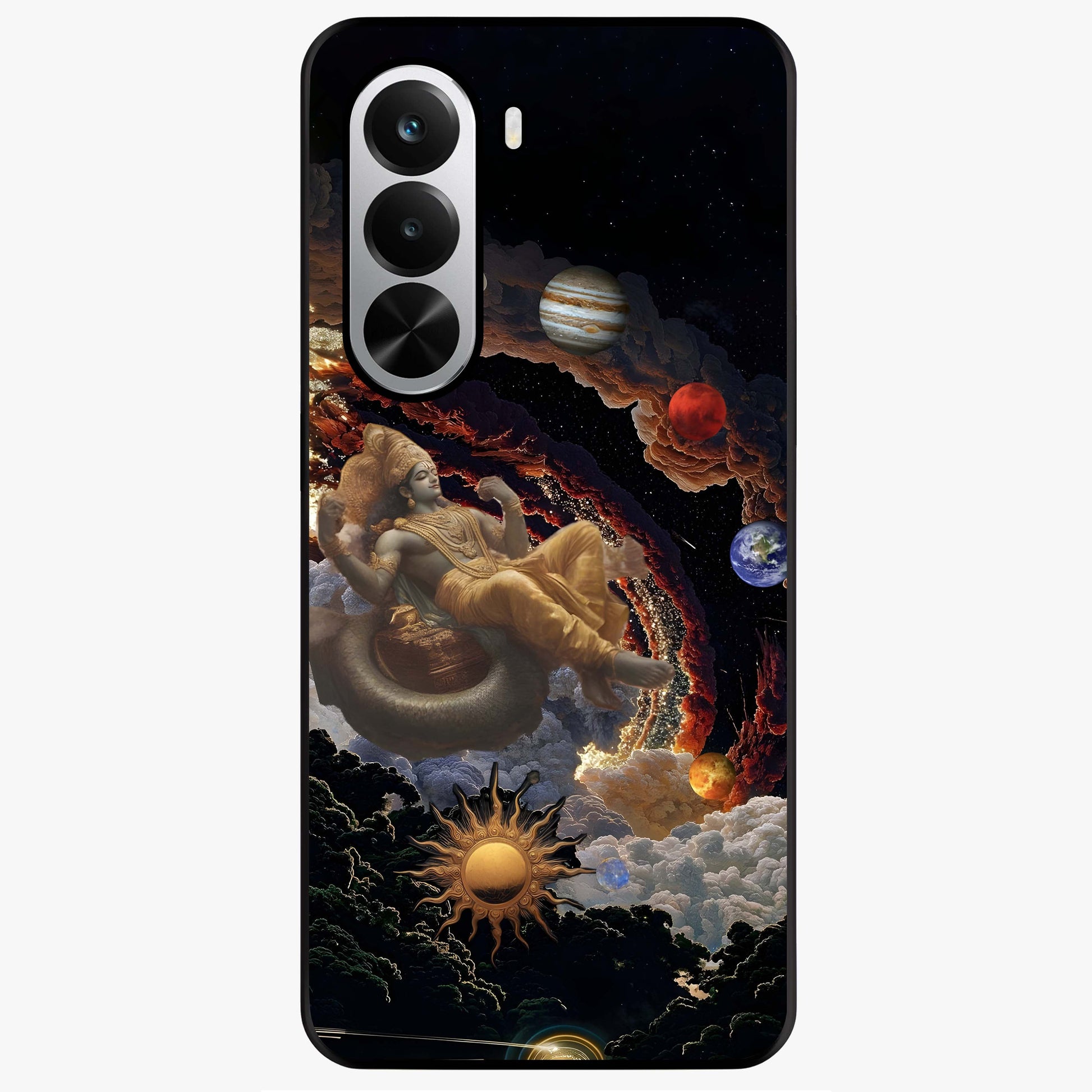 Galactic Divine God Glass Case showing flat back view with divine cosmic themed artwork and glossy glass finish.