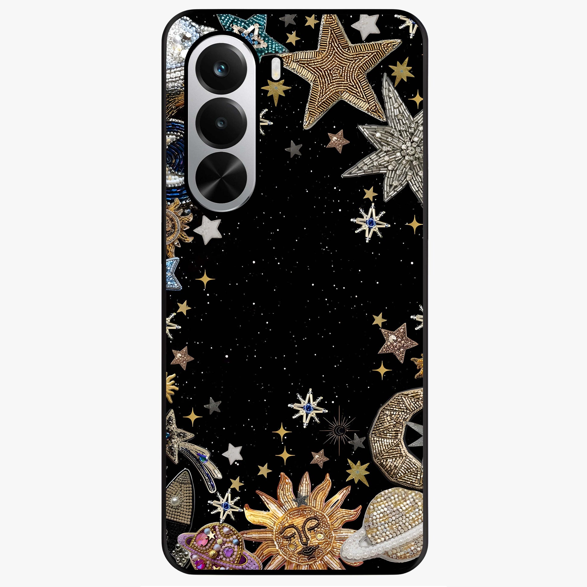 Galactic Jewel Stars Glass Case showing flat back view with sparkling star jewel artwork and glossy glass finish.