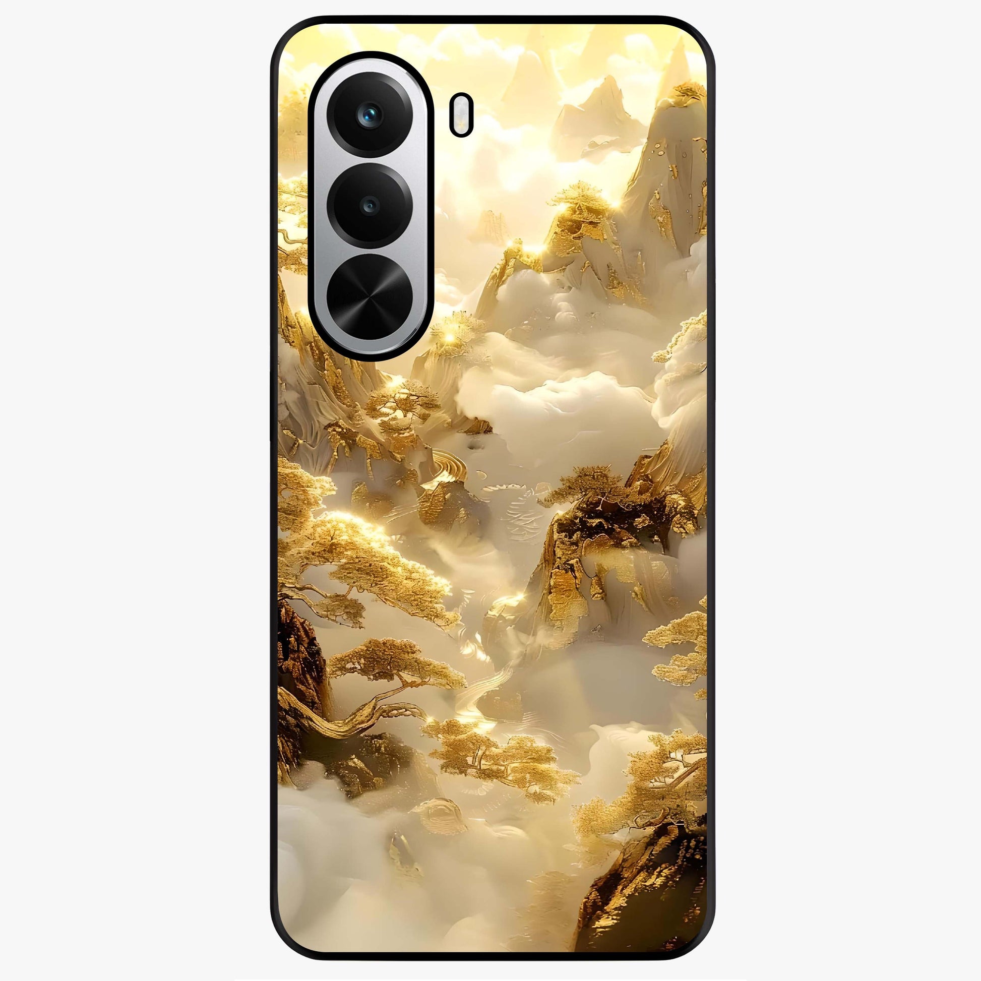 Gates Of Illumination Glass Case showing flat back view with mystical illuminated gate artwork and glossy glass finish.