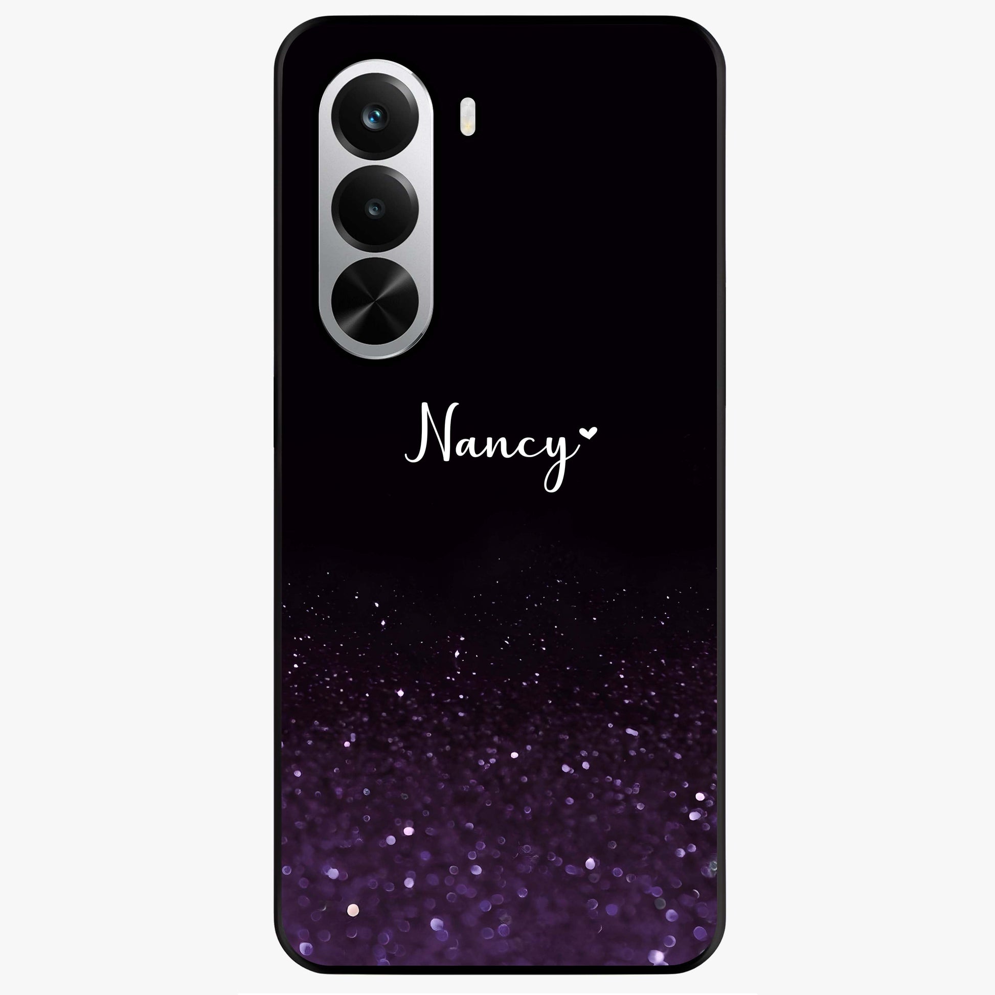 Glittery Purple Bokeh Custom Name Glass Case showing flat back view with purple bokeh sparkle artwork and personalized name design.