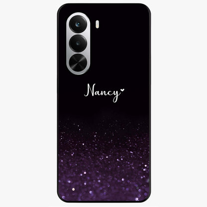 Glittery Purple Bokeh Custom Name Glass Case showing flat back view with purple bokeh sparkle artwork and personalized name design.