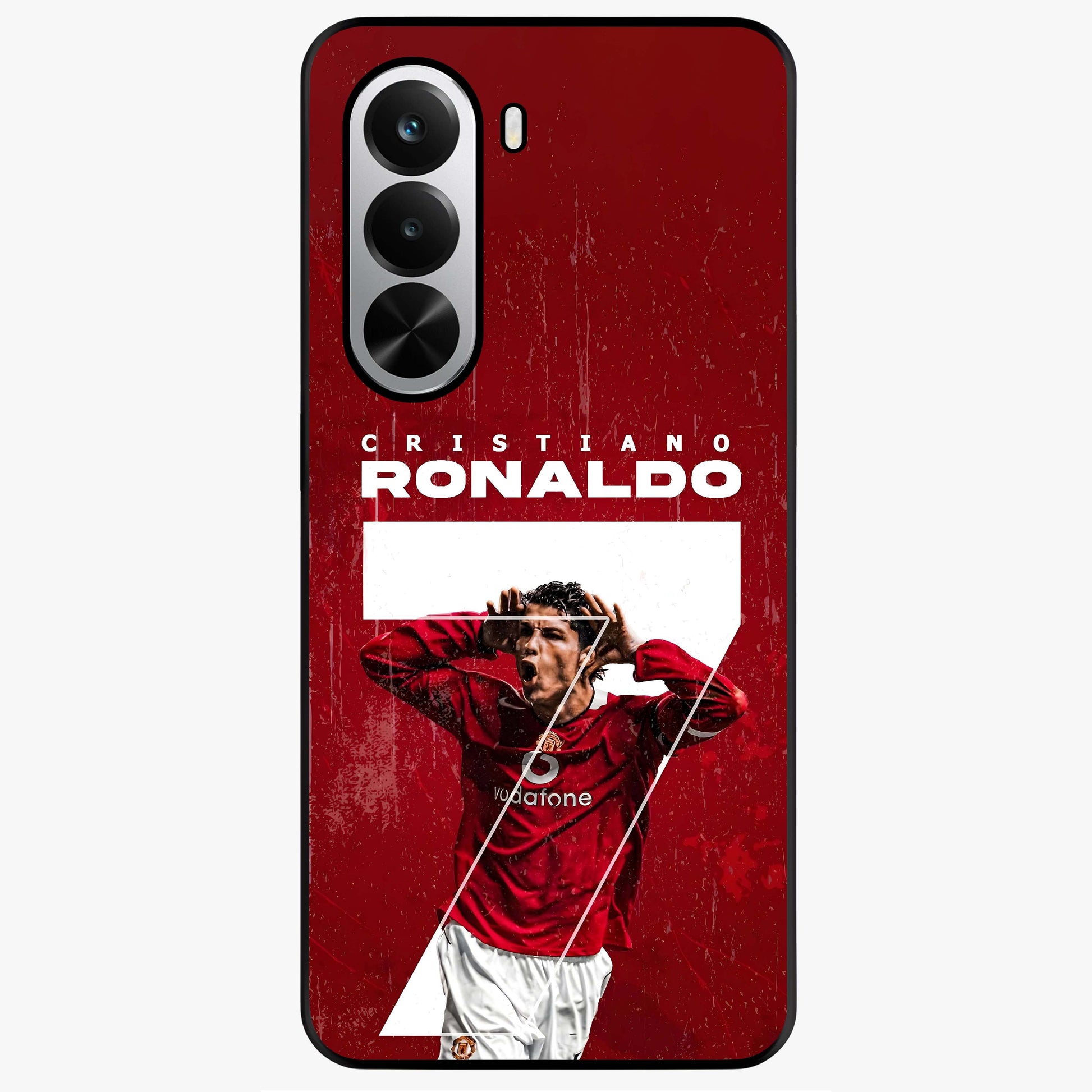 Goal Celebration Legacy Glass Case showing flat back view with football celebration inspired artwork and glossy glass finish.