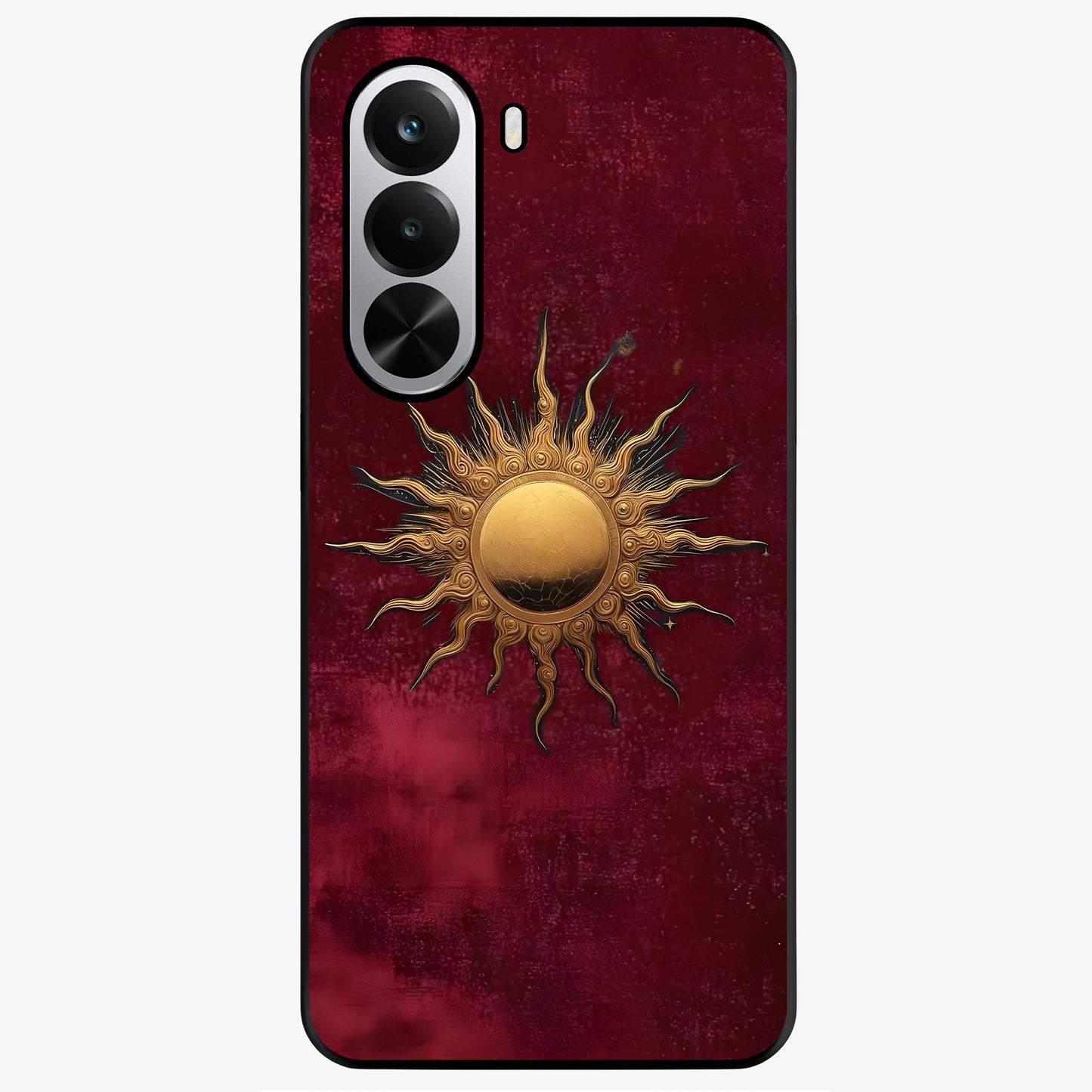 Gold Sun Blush Glass Case showing flat back view with golden sun inspired artwork and glossy glass finish.