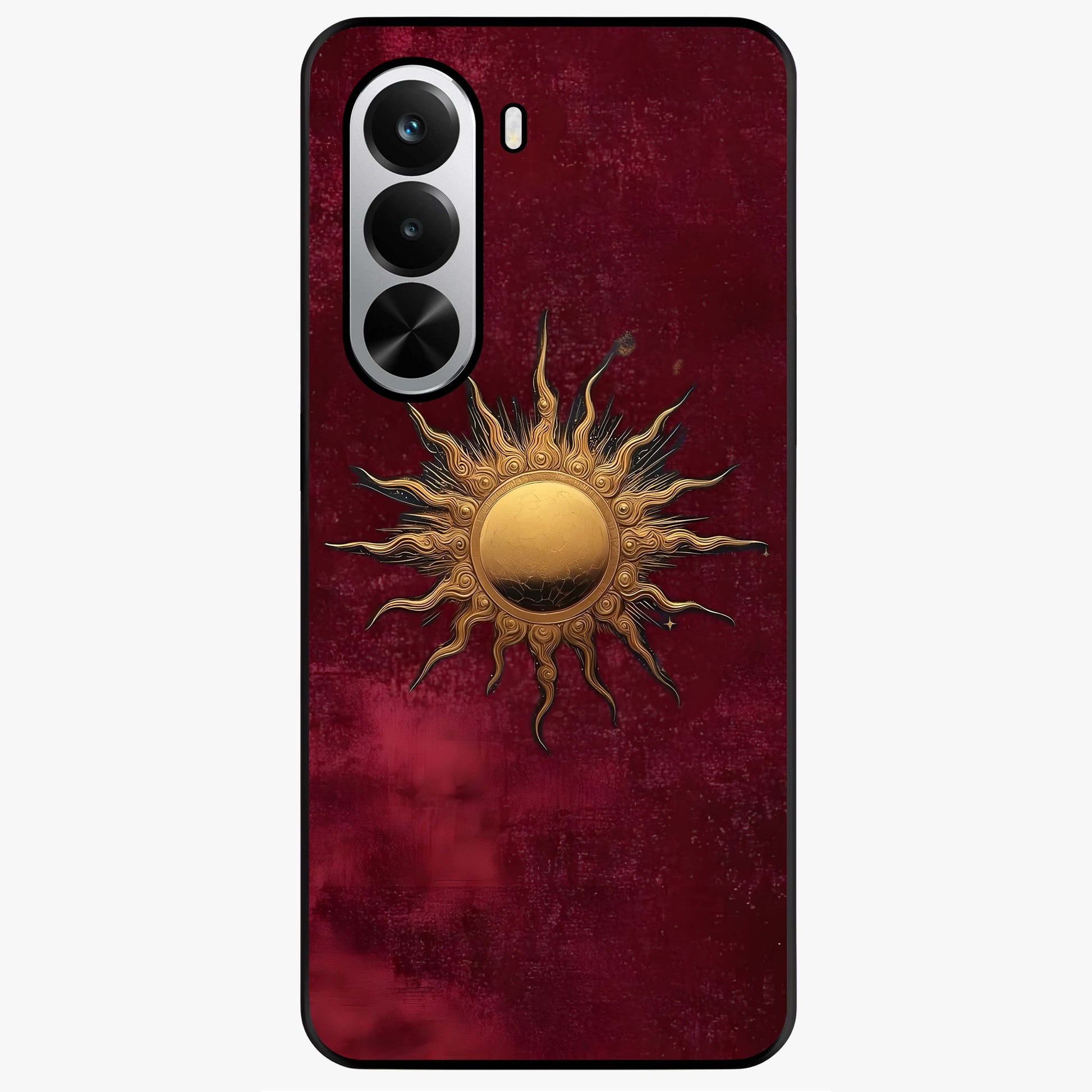 Gold Sun Blush Glass Case showing flat back view with golden sun inspired artwork and glossy glass finish.