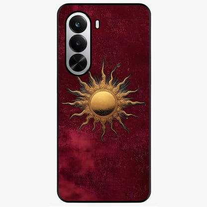 Gold Sun Blush Glass Case showing flat back view with golden sun inspired artwork and glossy glass finish.