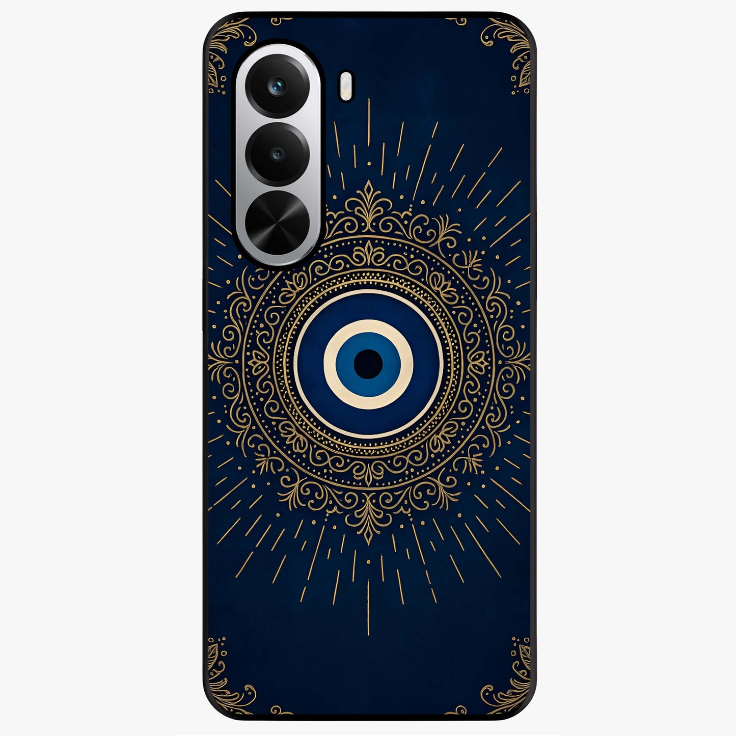 Golden Evil Eye Mandala Glass Case showing flat back view with intricate evil eye mandala artwork and glossy glass finish.