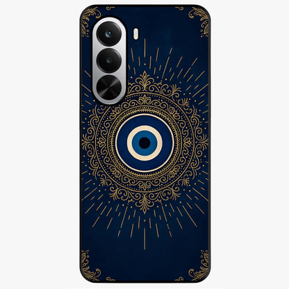 Golden Evil Eye Mandala Glass Case showing flat back view with intricate evil eye mandala artwork and glossy glass finish.