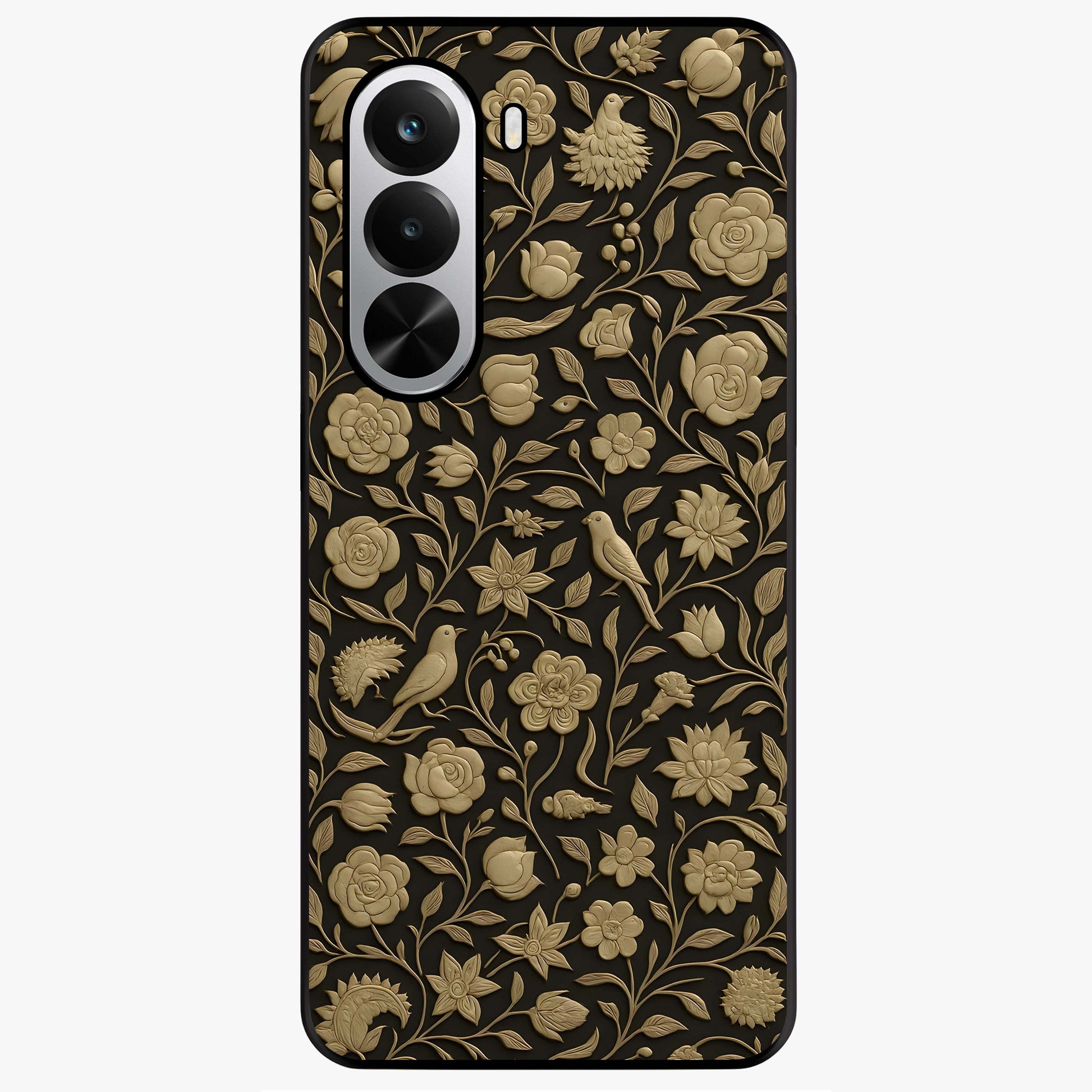 Golden Floral Majesty Glass Case showing flat back view with luxurious golden floral artwork and glossy glass finish.