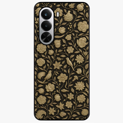 Golden Floral Majesty Glass Case showing flat back view with luxurious golden floral artwork and glossy glass finish.
