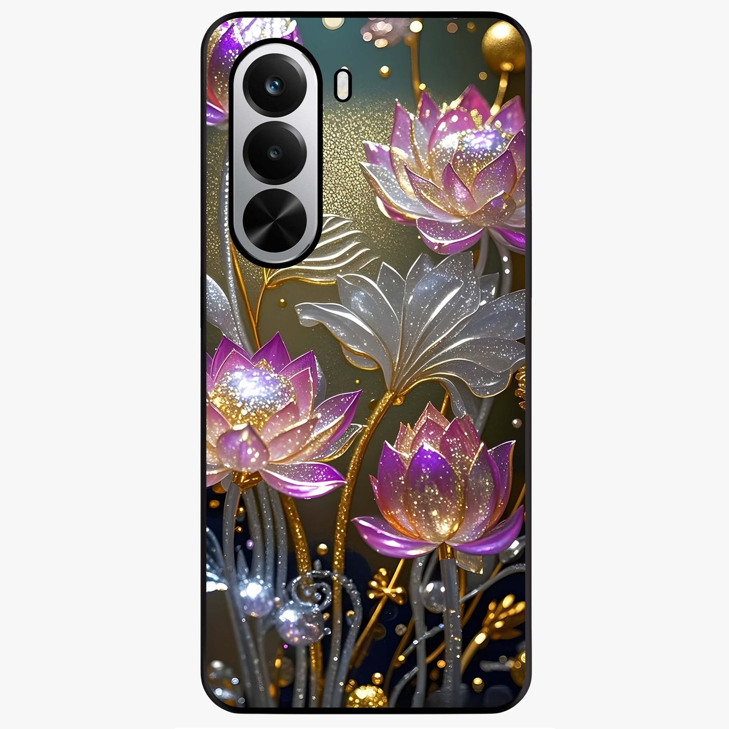 Golden Lotus Glow Glass Case showing flat back view with glowing lotus flower artwork and glossy glass finish.