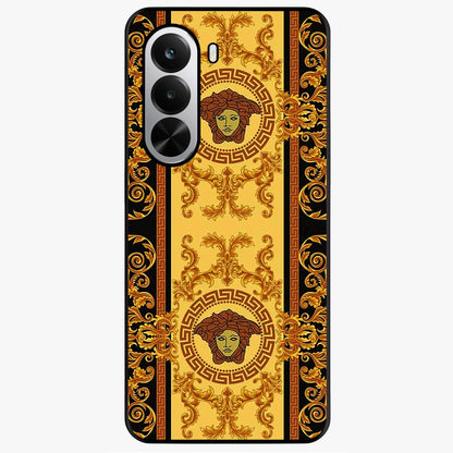 Golden Royal Heritage Glass Case showing flat back view with ornate royal pattern artwork and glossy glass finish.