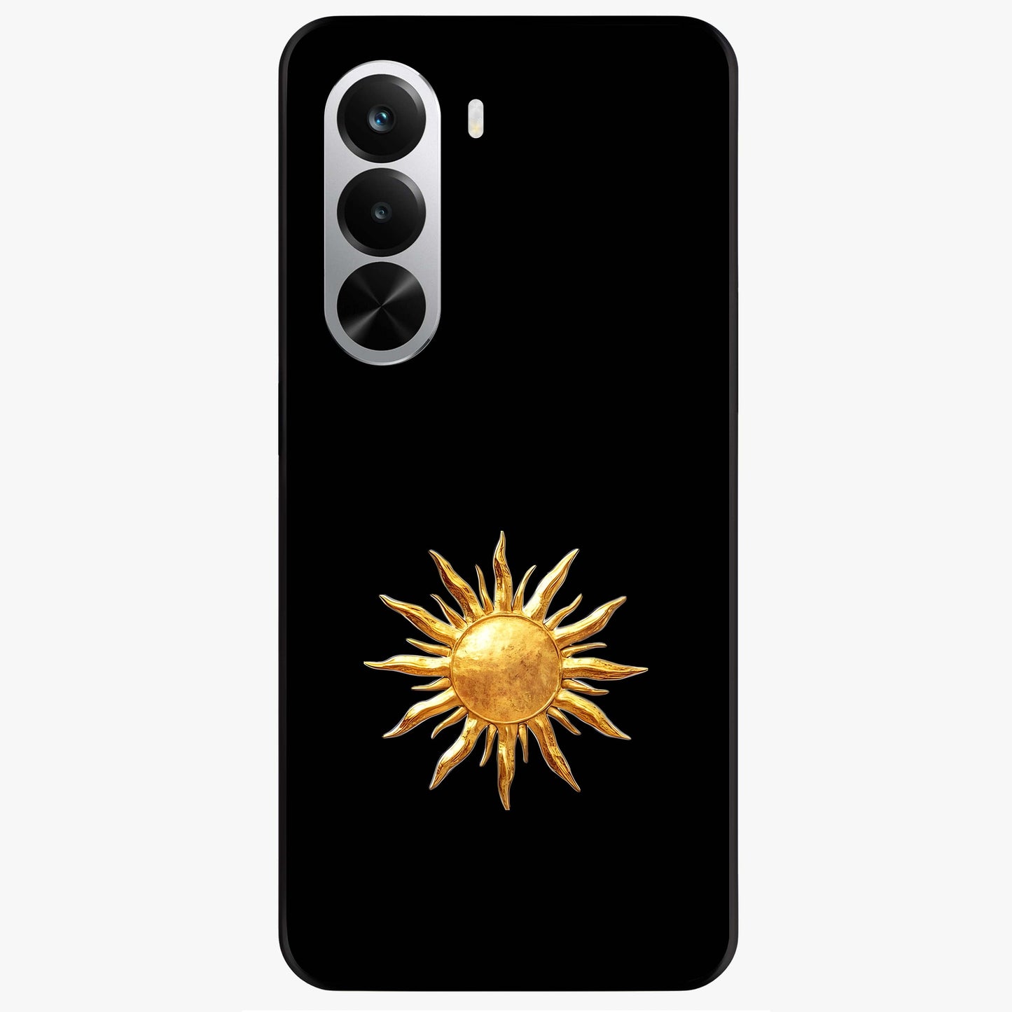 Golden Sun Minimalism Glass Case showing flat back view with minimal golden sun artwork and glossy glass finish.