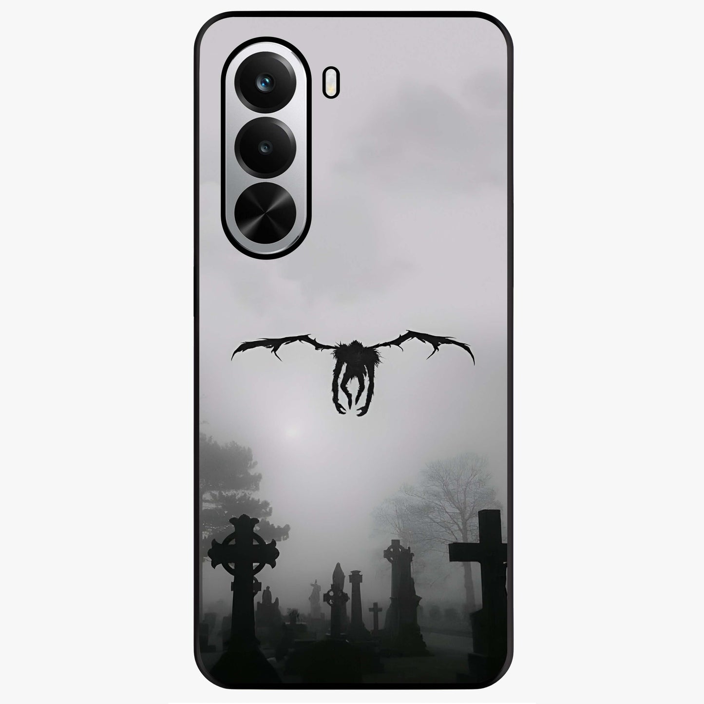Graveyard Shadow Descent Glass Case showing flat back view with dark graveyard themed artwork and glossy glass finish.