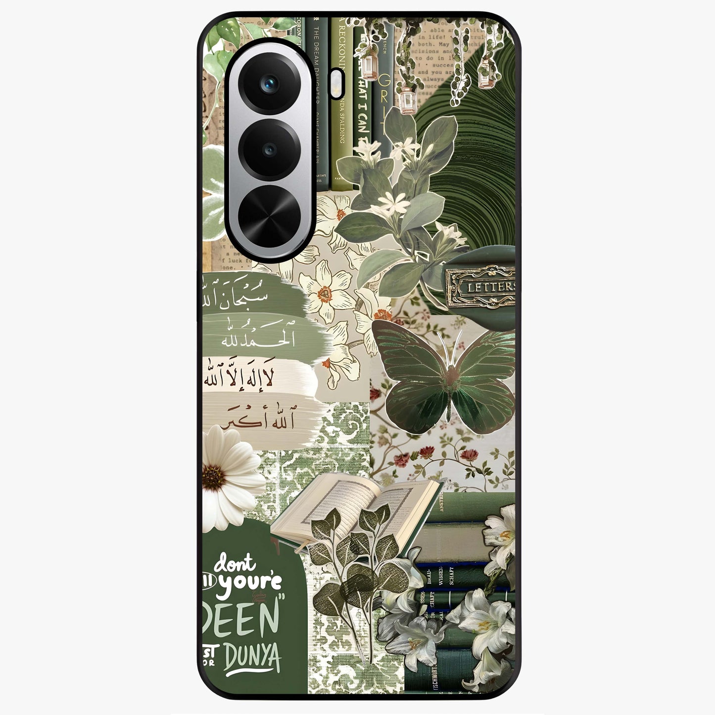 Green Islamic Books Quotes Glass Case showing flat back view with Islamic quotes and book themed artwork and glossy glass finish.