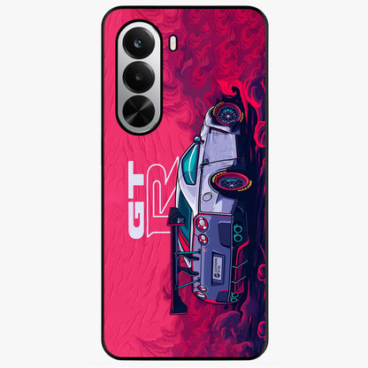 GT-R Car Pattern Glass Case showing flat back view with sporty car inspired pattern artwork and glossy glass finish.