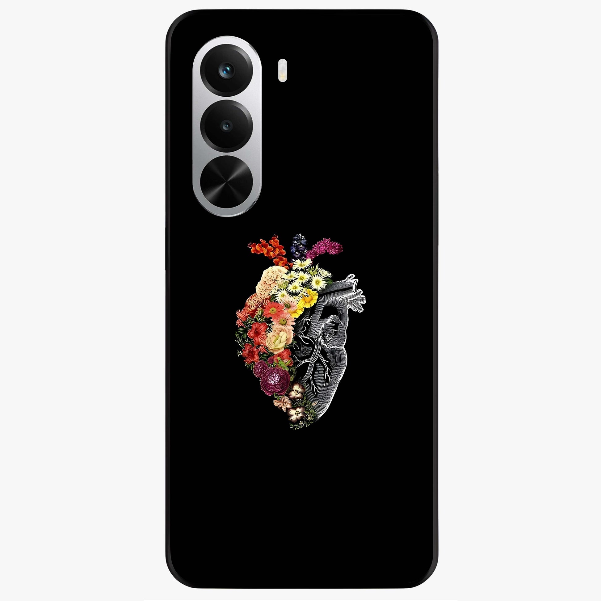 Heart With Flowers Glass Case showing flat back view with heart shaped floral artwork and glossy glass finish.