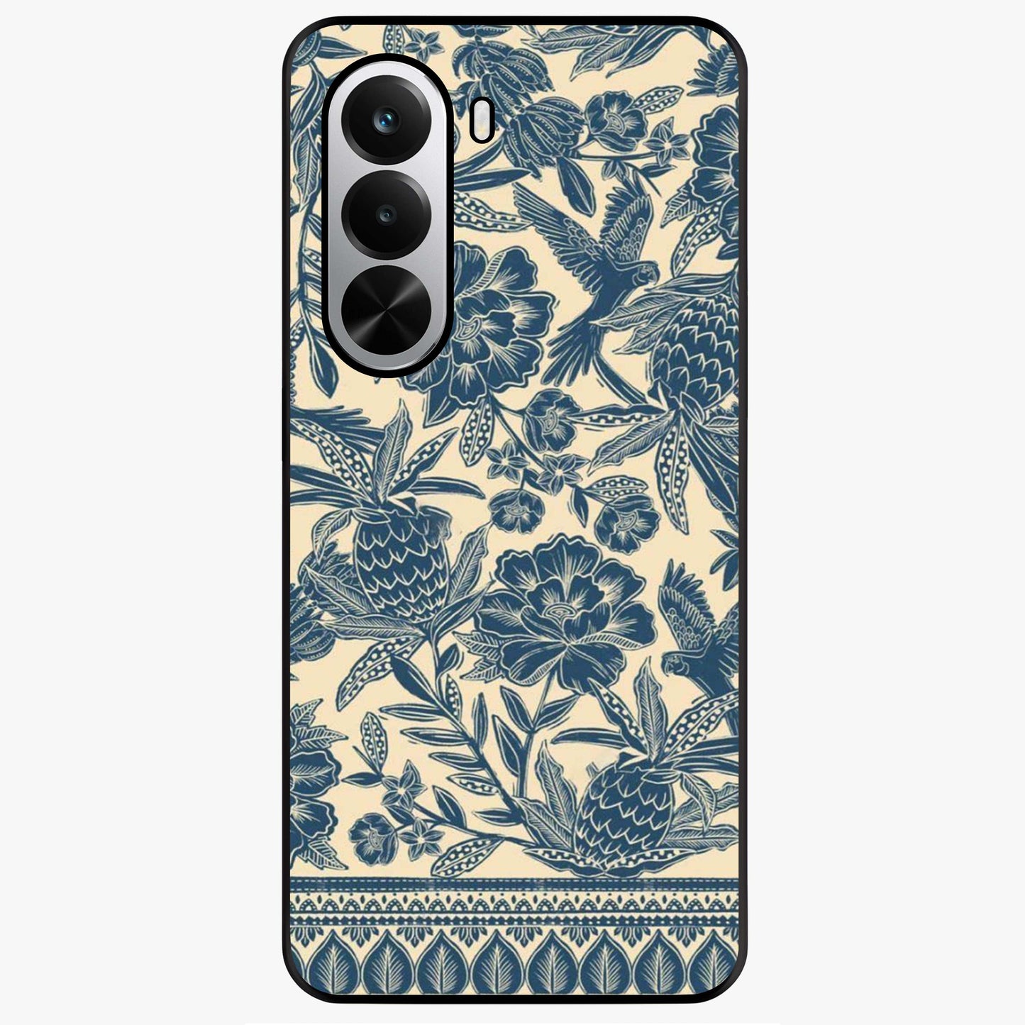 Heirloom Wild Bloom Glass Case showing flat back view with vintage inspired wild flower artwork and glossy glass finish.