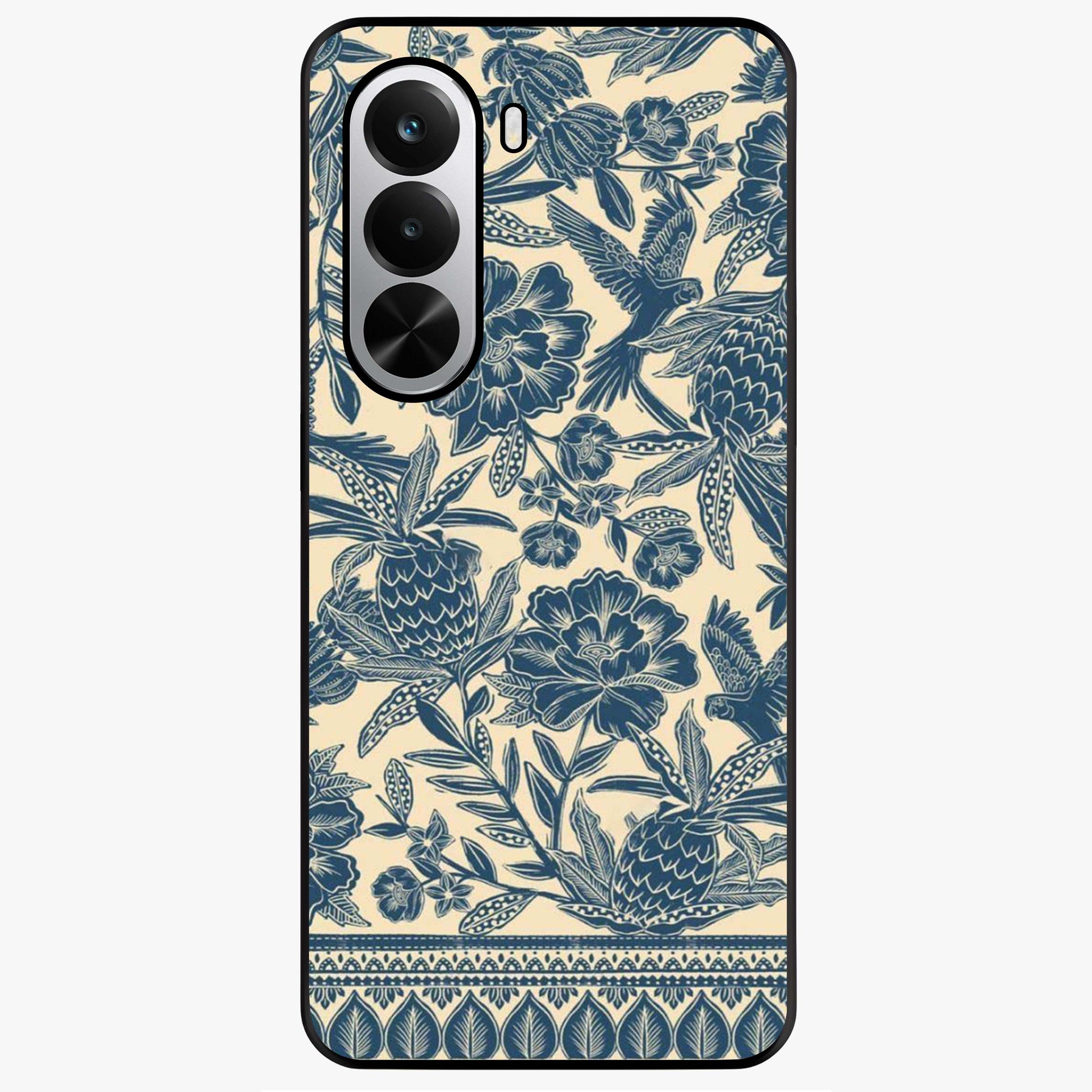 Heirloom Wild Bloom Glass Case showing flat back view with vintage inspired wild flower artwork and glossy glass finish.