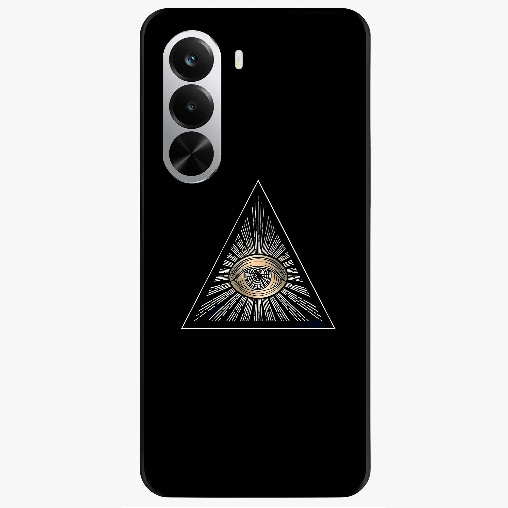 Illuminati Evil Glass Case showing flat back view with mysterious illuminati symbol artwork and glossy glass finish.