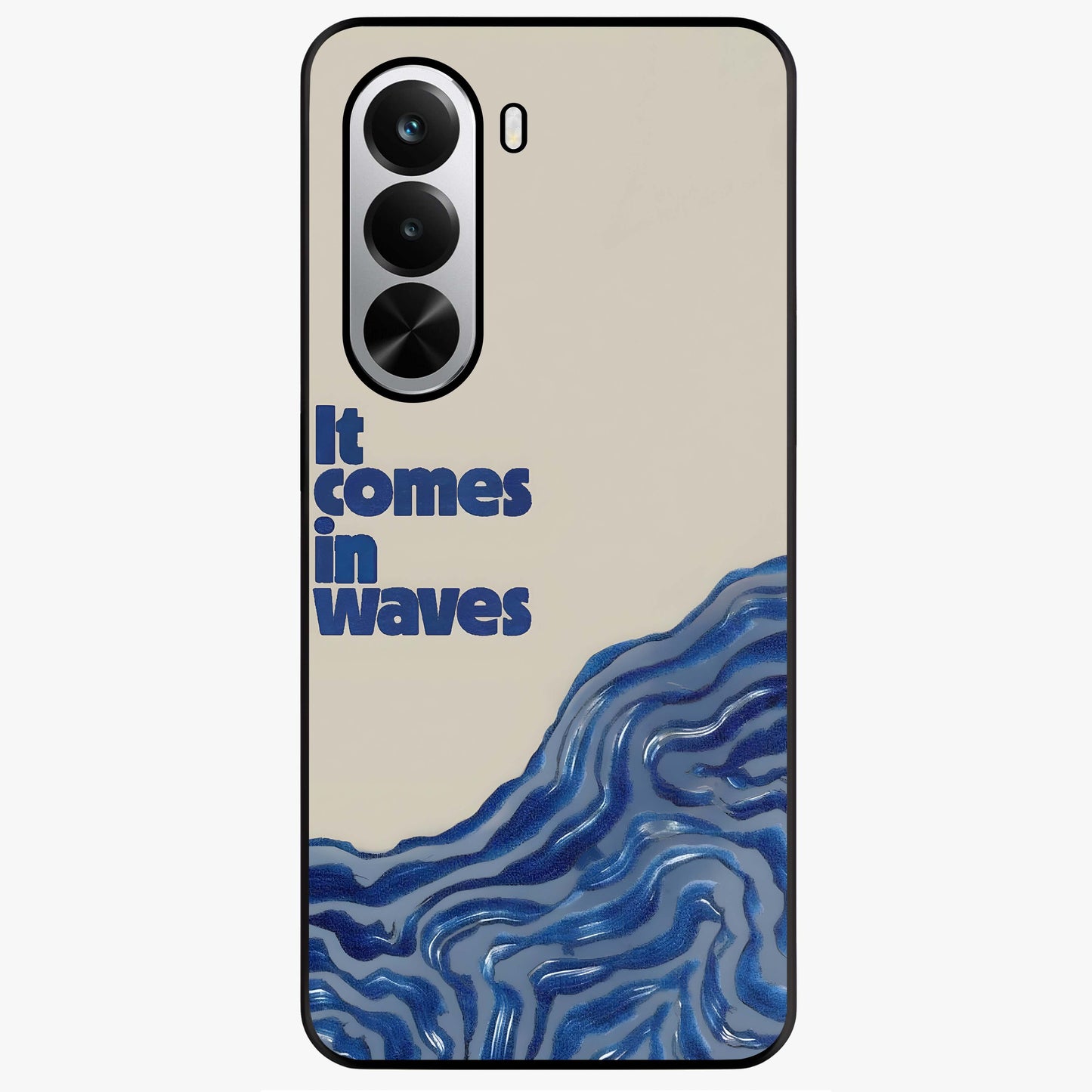 It Comes In Waves Quote Glass Case showing flat back view with inspirational wave themed quote artwork and glossy glass finish.