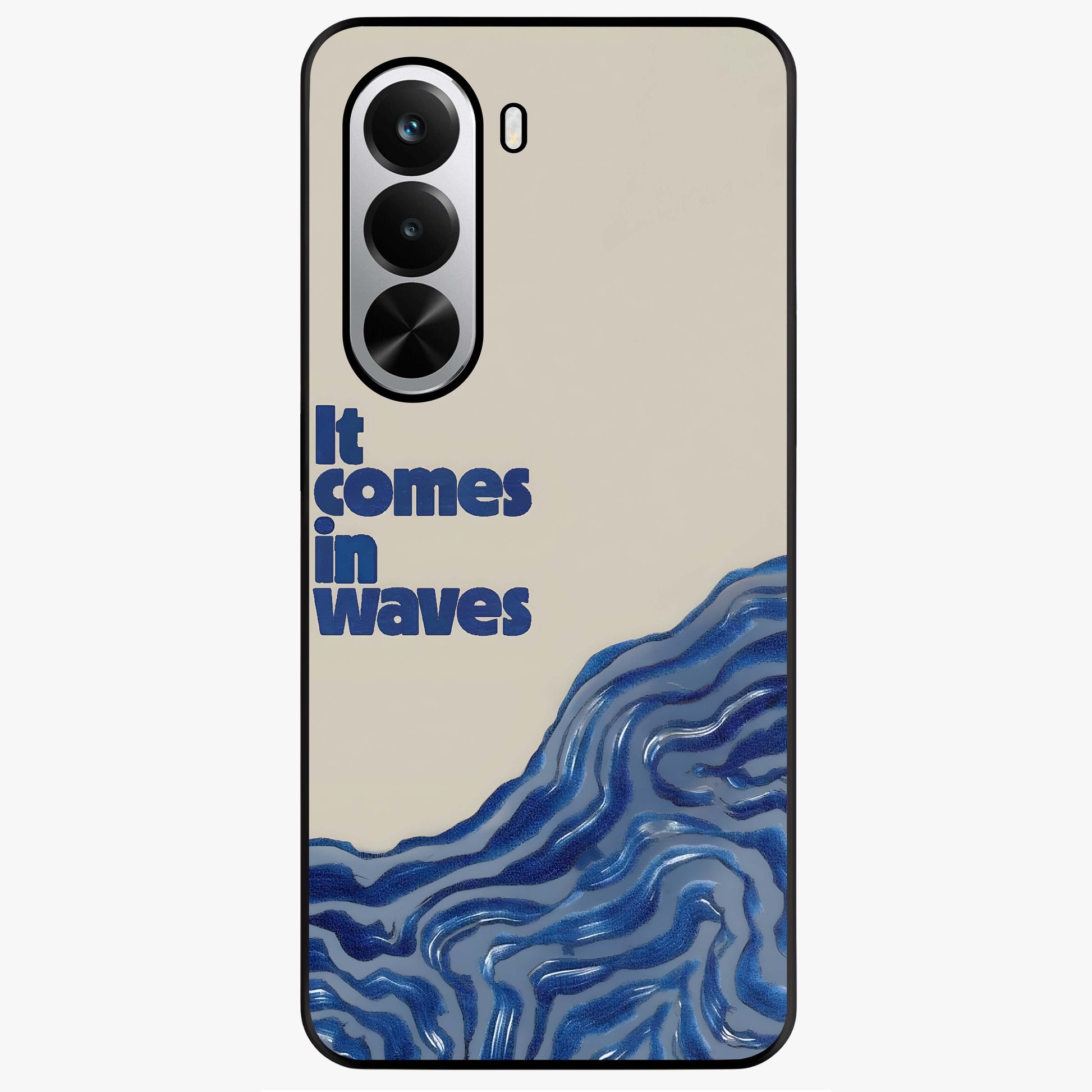 It Comes In Waves Quote Glass Case showing flat back view with inspirational wave themed quote artwork and glossy glass finish.