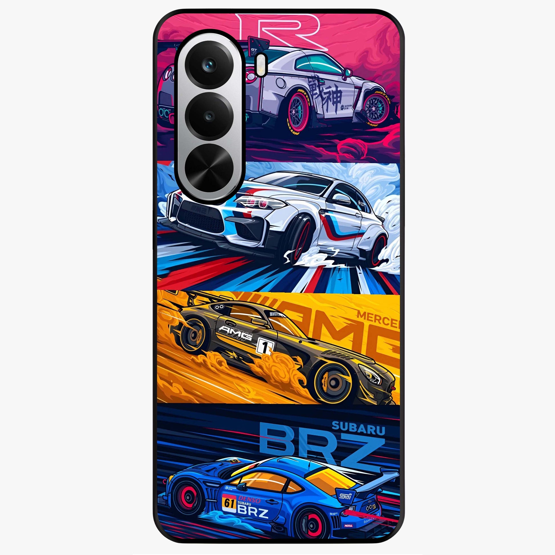 JDM Sports Car Glass Case showing flat back view with high performance sports car artwork and glossy glass finish.