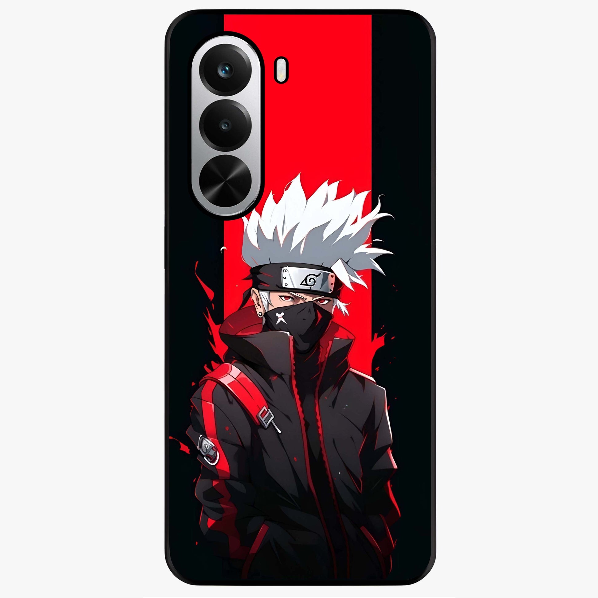 Kakashi Scarlet Shadow Glass Case showing flat back view with powerful anime ninja artwork and glossy glass finish.