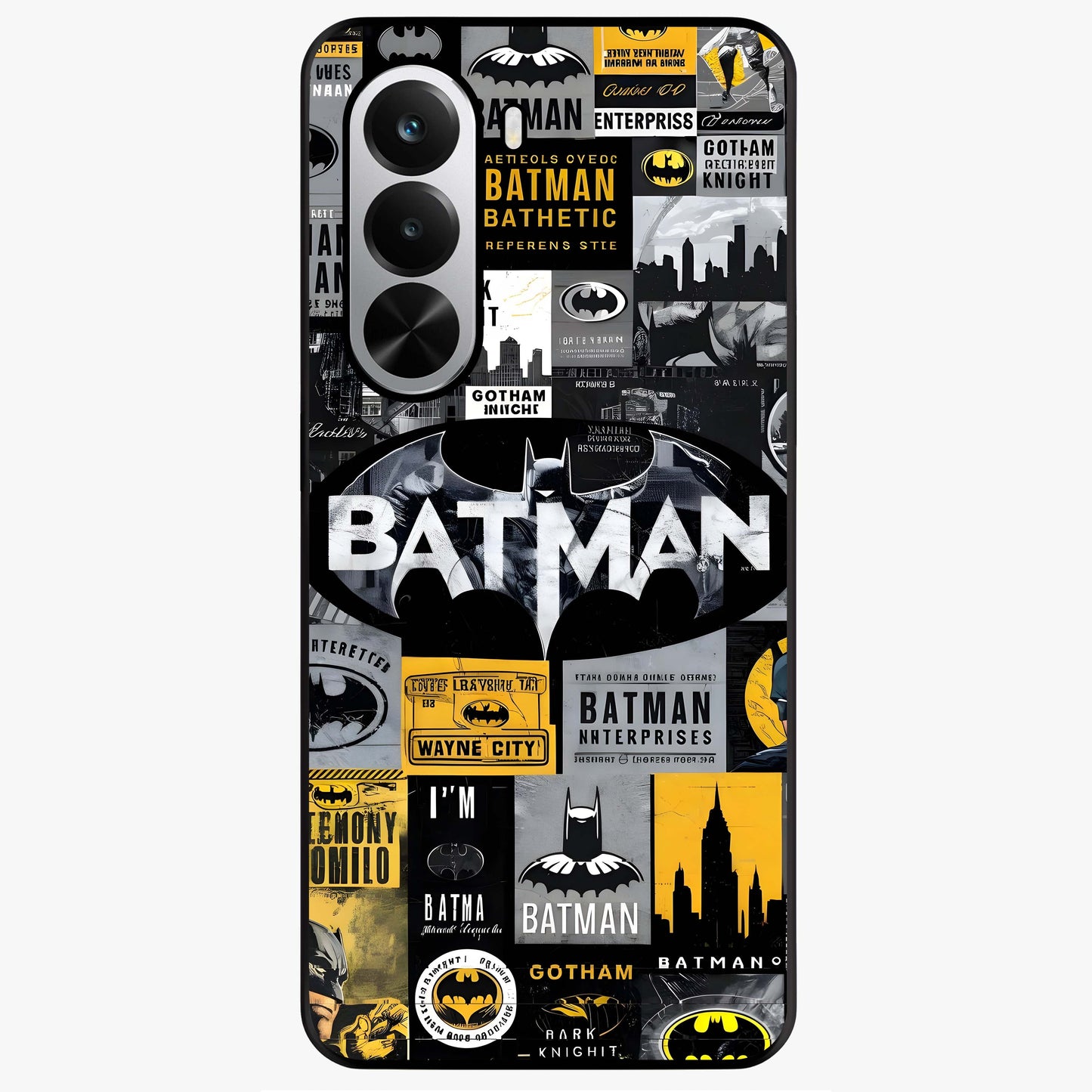 Knight Gotham Rise Glass Case showing flat back view with dark hero inspired artwork and glossy glass finish.