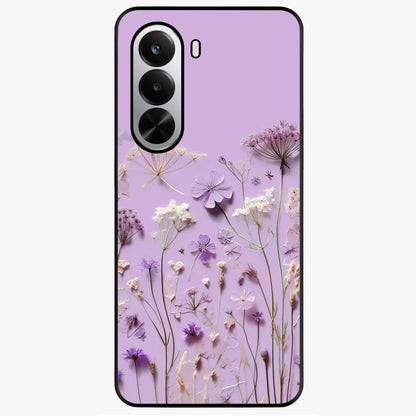 Lavender Blossom Dream Glass Case showing flat back view with soft lavender floral artwork and glossy glass finish.