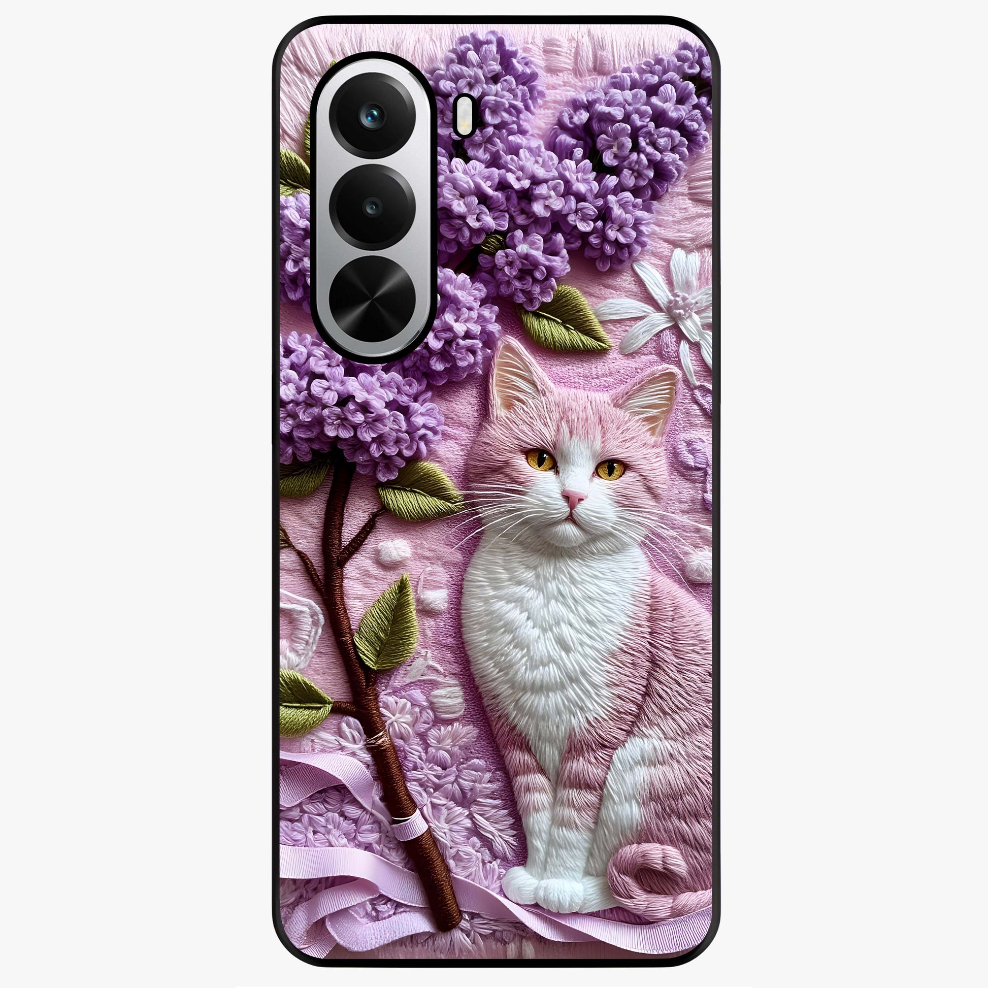 Lavender Cat Whimsy Glass Case showing flat back view with cute lavender cat artwork and glossy glass finish.